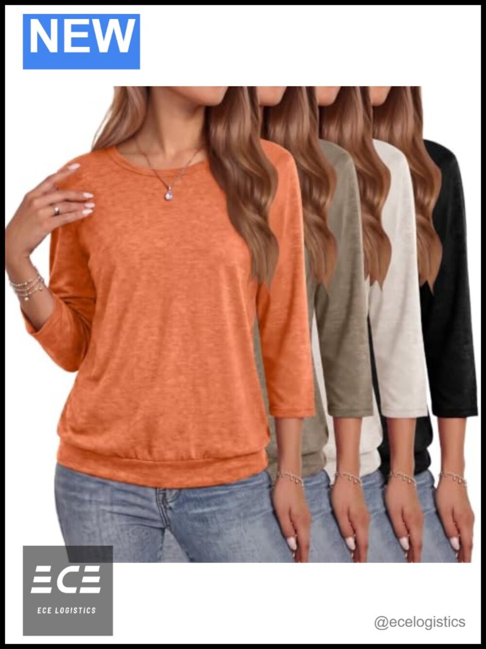 Womens Crew Neck 3/4 Sleeve Ruffle Bell Tunic Top Spring Fall Blouse